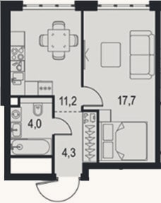 Планировка: 1-к, 37,2 м²