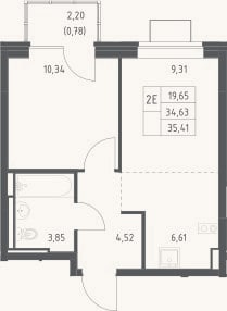 Планировка: 2-к, 34,6 м²