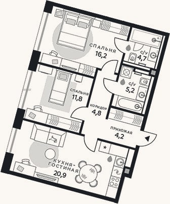 Планировка: 2-к, 67,8 м²
