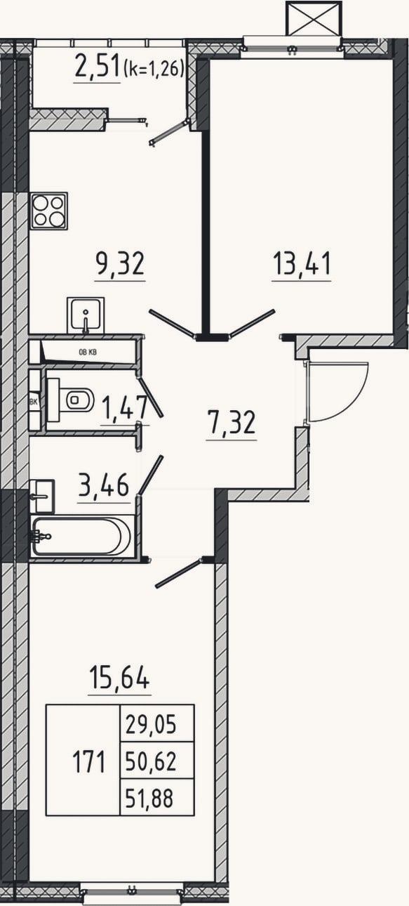Планировка: 2-к, 50,6 м²