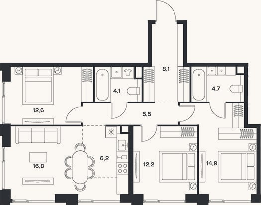 Планировка: 4+ к, 85 м²