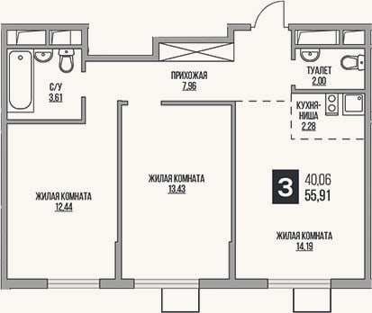 Планировка: 3-к, 55,9 м²