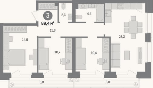 Планировка: 3-к, 77,4 м²