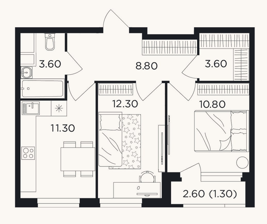Планировка: 2-к, 50,4 м²