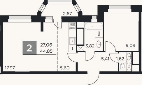 Планировка: 2-к, 43,5 м²