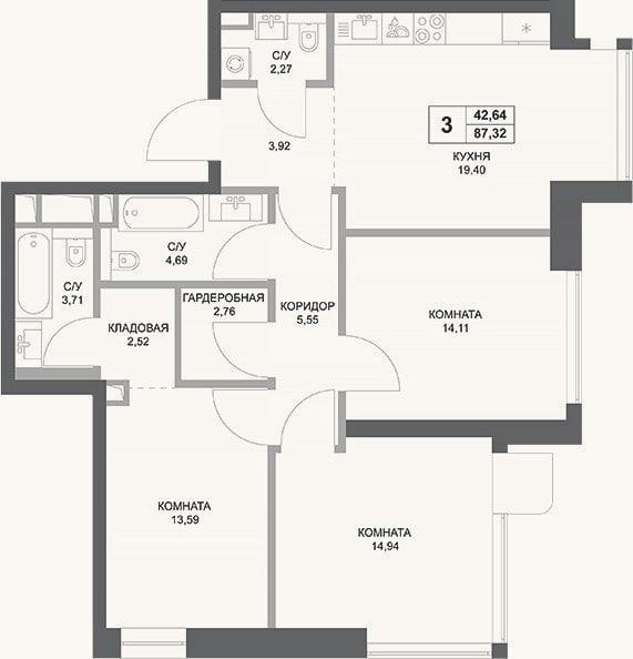 Планировка: 3-к, 87,3 м²