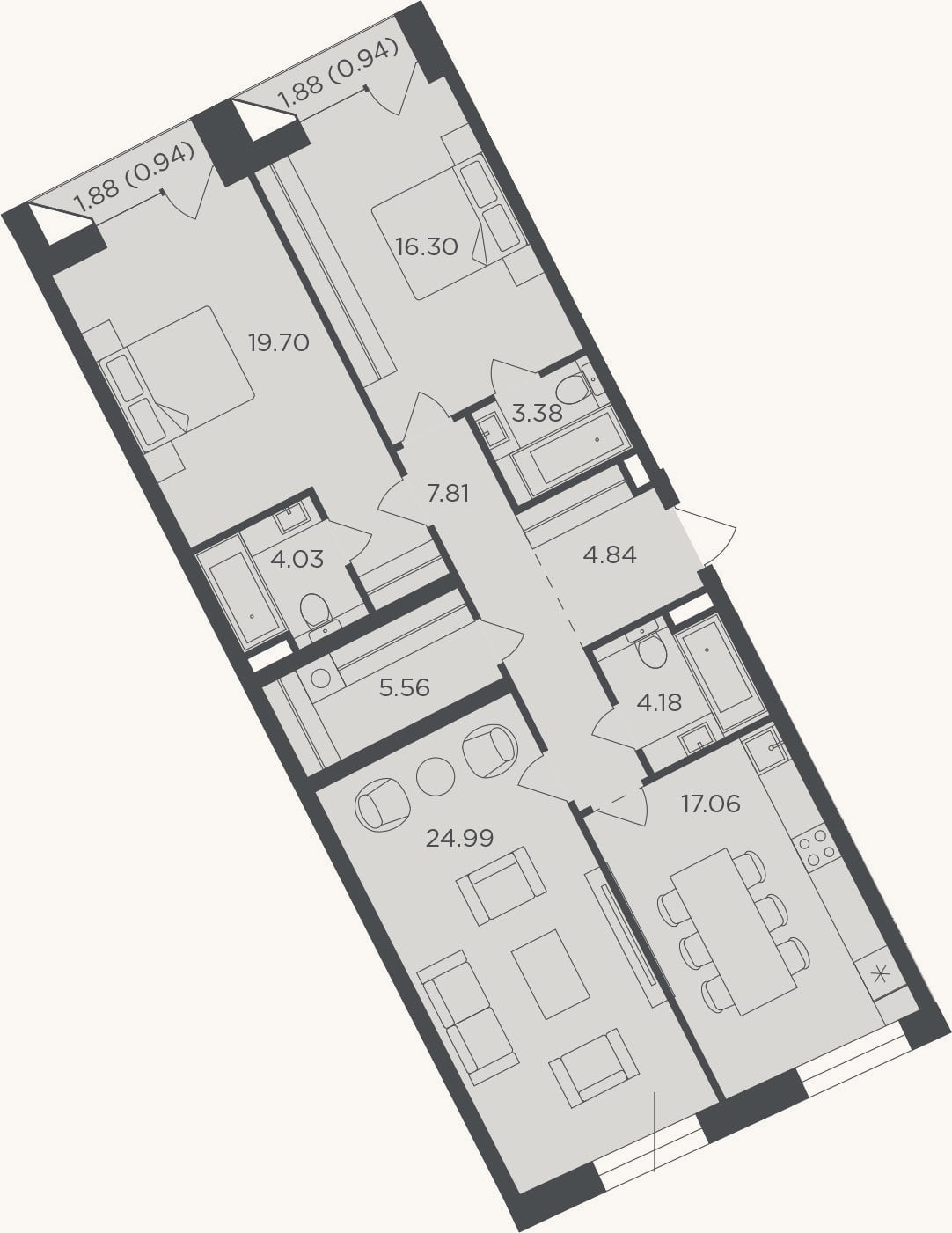 Планировка: 3-к, 107,9 м²