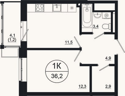 Планировка: 1-к, 35 м²