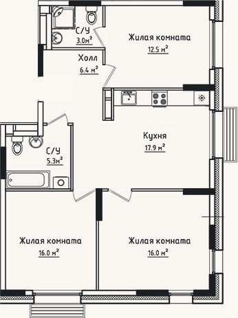 Планировка: 3-к, 77,1 м²