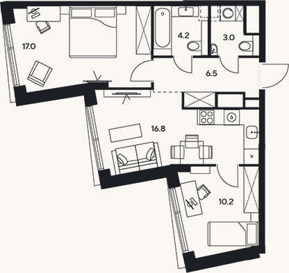 Планировка: 3-к, 57,7 м²