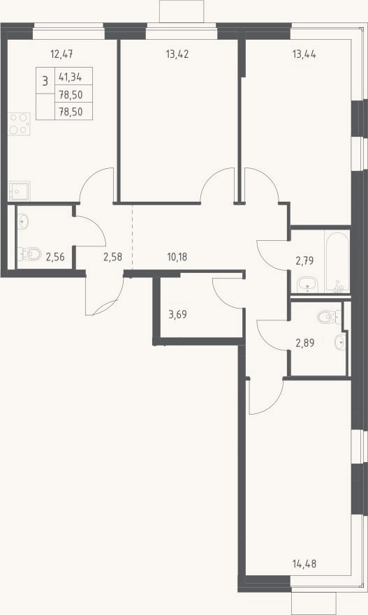 Планировка: 3-к, 78,5 м²