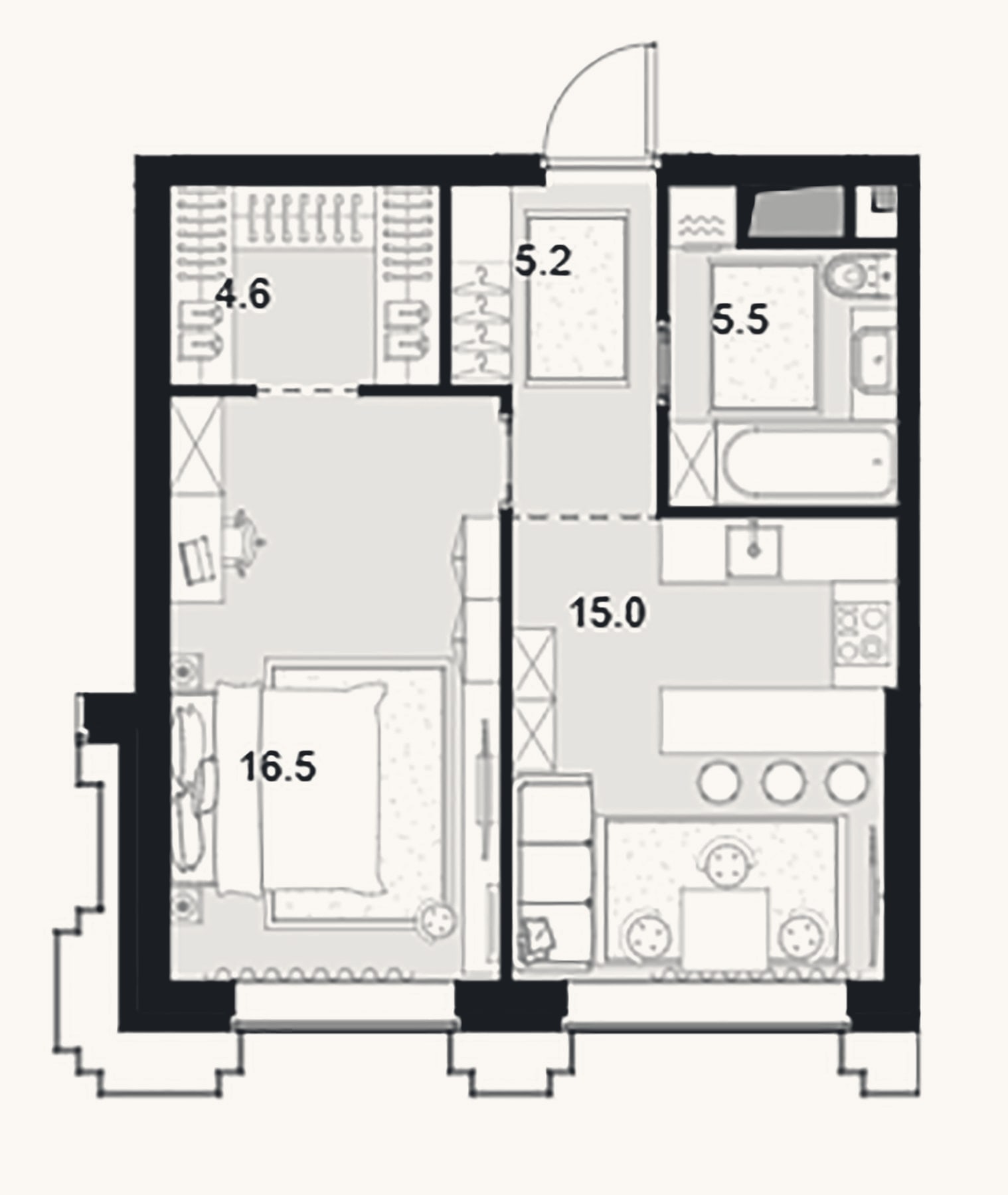 Планировка: 1-к, 46,8 м²