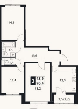 Планировка: 3-к, 74,7 м²
