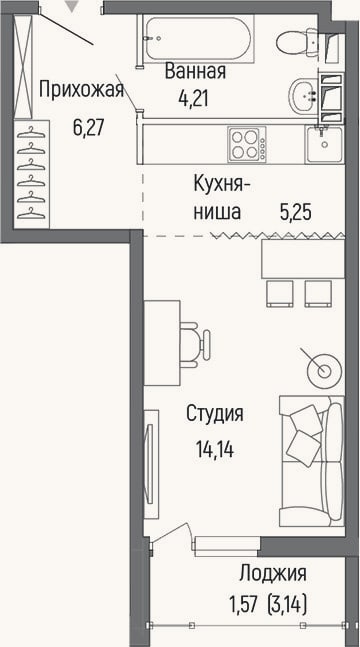 Планировка: Студия, 29,9 м²