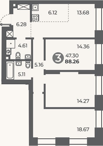 Планировка: 3-к, 88,3 м²