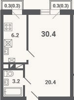 Планировка: 1-к, 29,8 м²