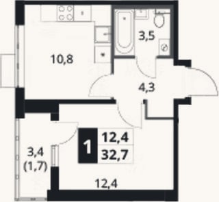 Планировка: 1-к, 31 м²