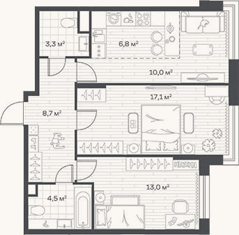 Планировка: 3-к, 63,4 м²