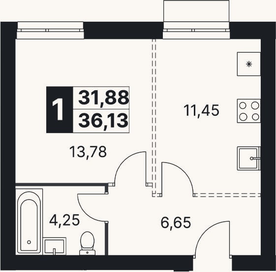 Планировка: 2-к, 36,1 м²