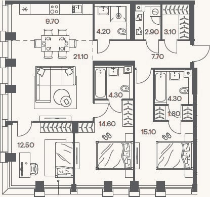 Планировка: 4+ к, 101,3 м²