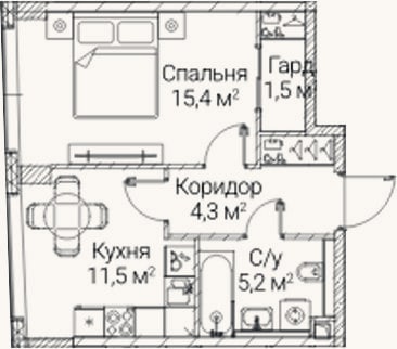 Планировка: 1-к, 37,9 м²