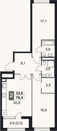 Планировка: 2-к, 74,4 м²