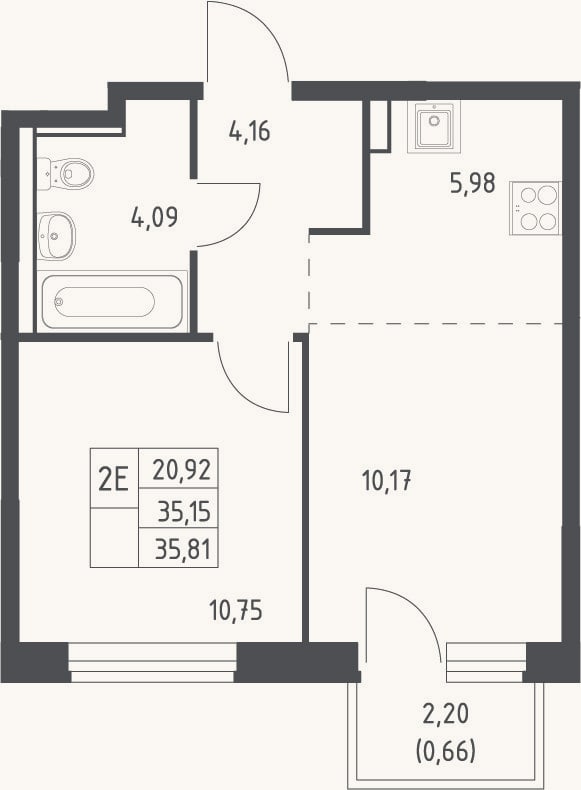 Планировка: 2-к, 35,2 м²