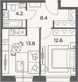 Планировка: 1-к, 39 м²