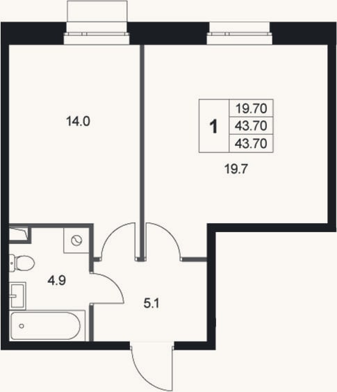 Планировка: 1-к, 43,7 м²