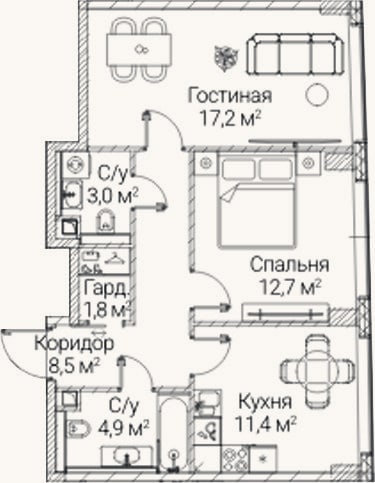 Планировка: 2-к, 59,5 м²