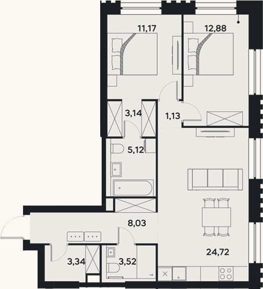 Планировка: 3-к, 73,1 м²