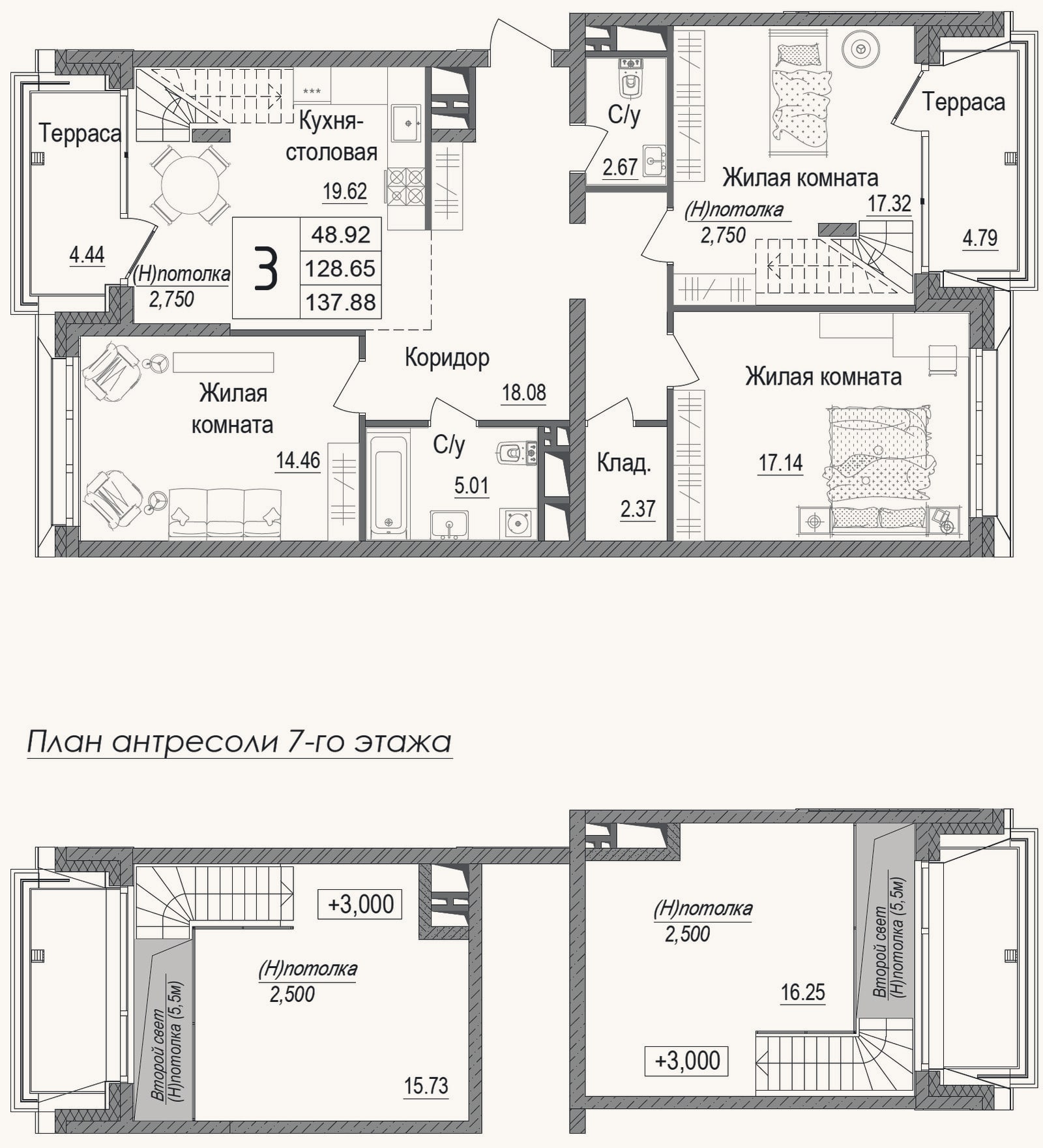 Планировка: 3-к, 122 м²