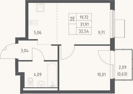 Планировка: 2-к, 31,9 м²