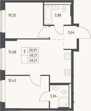 Планировка: 3-к, 49,2 м²