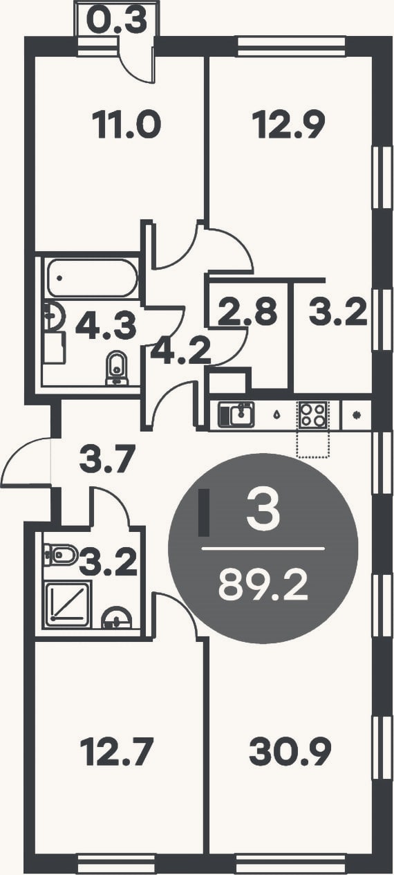 Планировка: 3-к, 88,9 м²