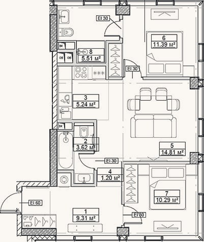 Планировка: 3-к, 61,4 м²