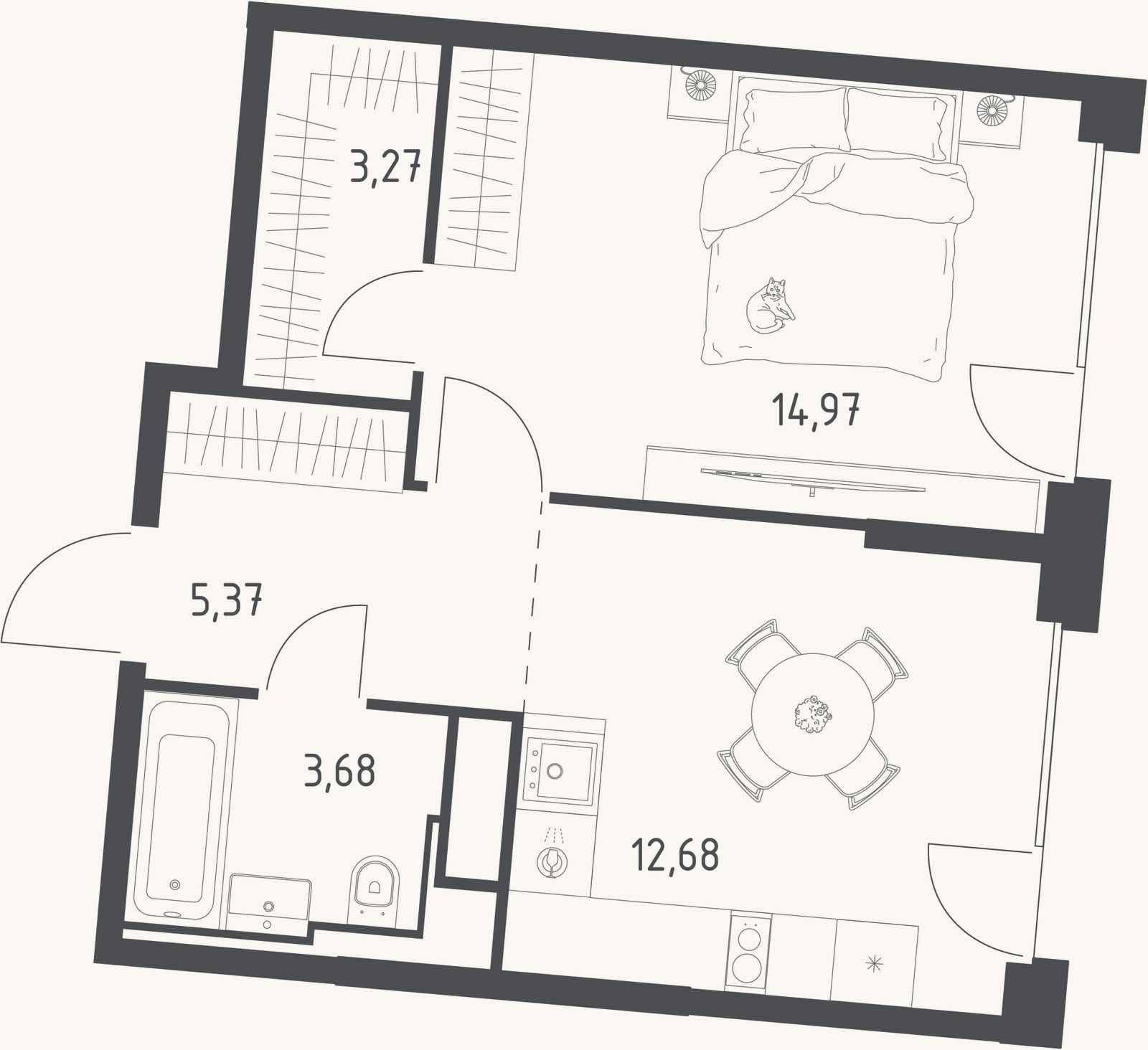 Планировка: 1-к, 40 м²
