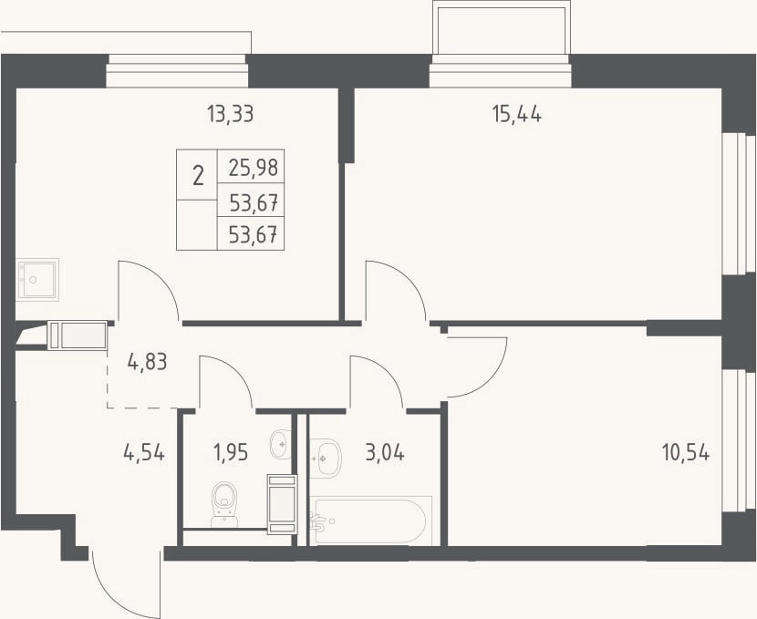 Планировка: 2-к, 53,7 м²