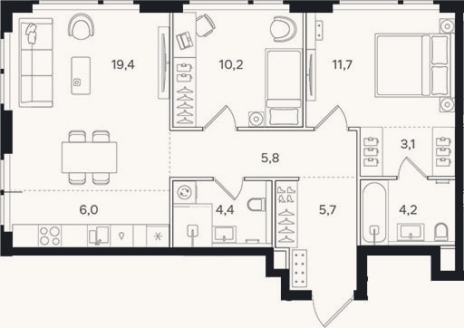 Планировка: 3-к, 70,5 м²
