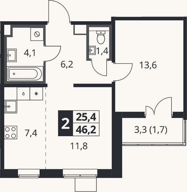 Планировка: 2-к, 45,7 м²