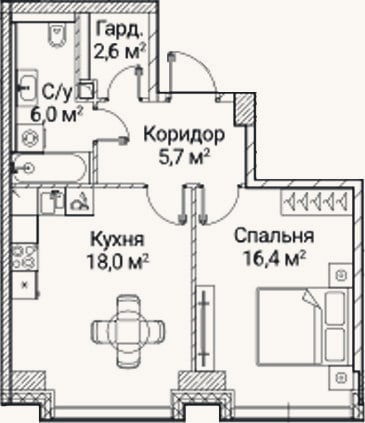 Планировка: 1-к, 48,2 м²