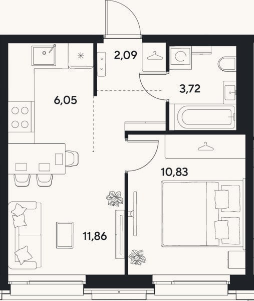 Планировка: 2-к, 34,6 м²