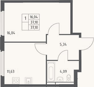 Планировка: 1-к, 37,1 м²