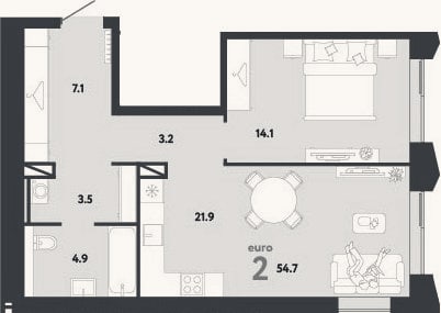 Планировка: 2-к, 54,7 м²
