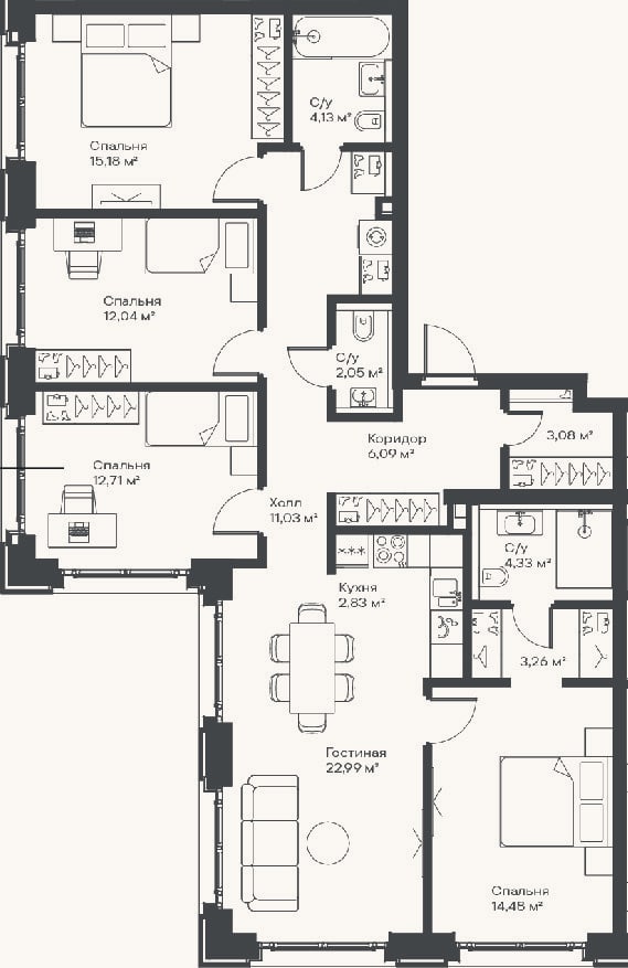 Планировка: 4+ к, 114,2 м²