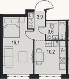 Планировка: 1-к, 33,8 м²