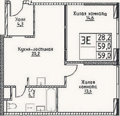Планировка: 3-к, 59 м²