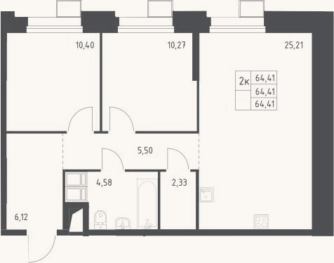 Планировка: 3-к, 64,4 м²