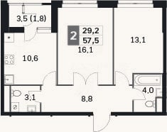Планировка: 2-к, 54,3 м²