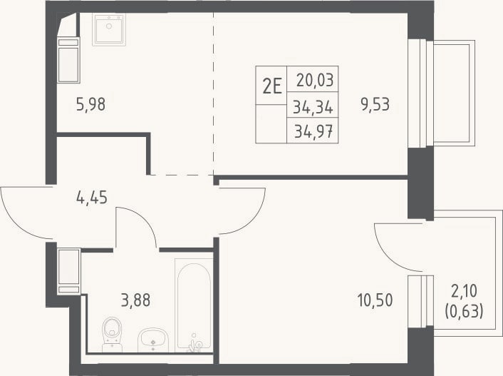 Планировка: 2-к, 34,3 м²